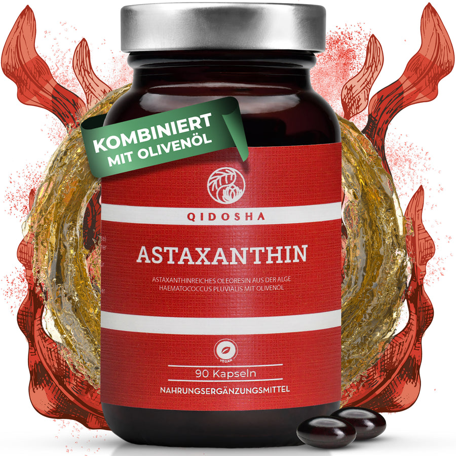 QIDOSHA Astaxanthin 12 mg plus Olivenöl (Softgels) im dunklen Glas, 90 vegane Kapseln, premium Qualität, laborgeprüft, ohne Zusatzstoffe, nachhaltige Verpackung, hohe Bioverfügbarkeit.