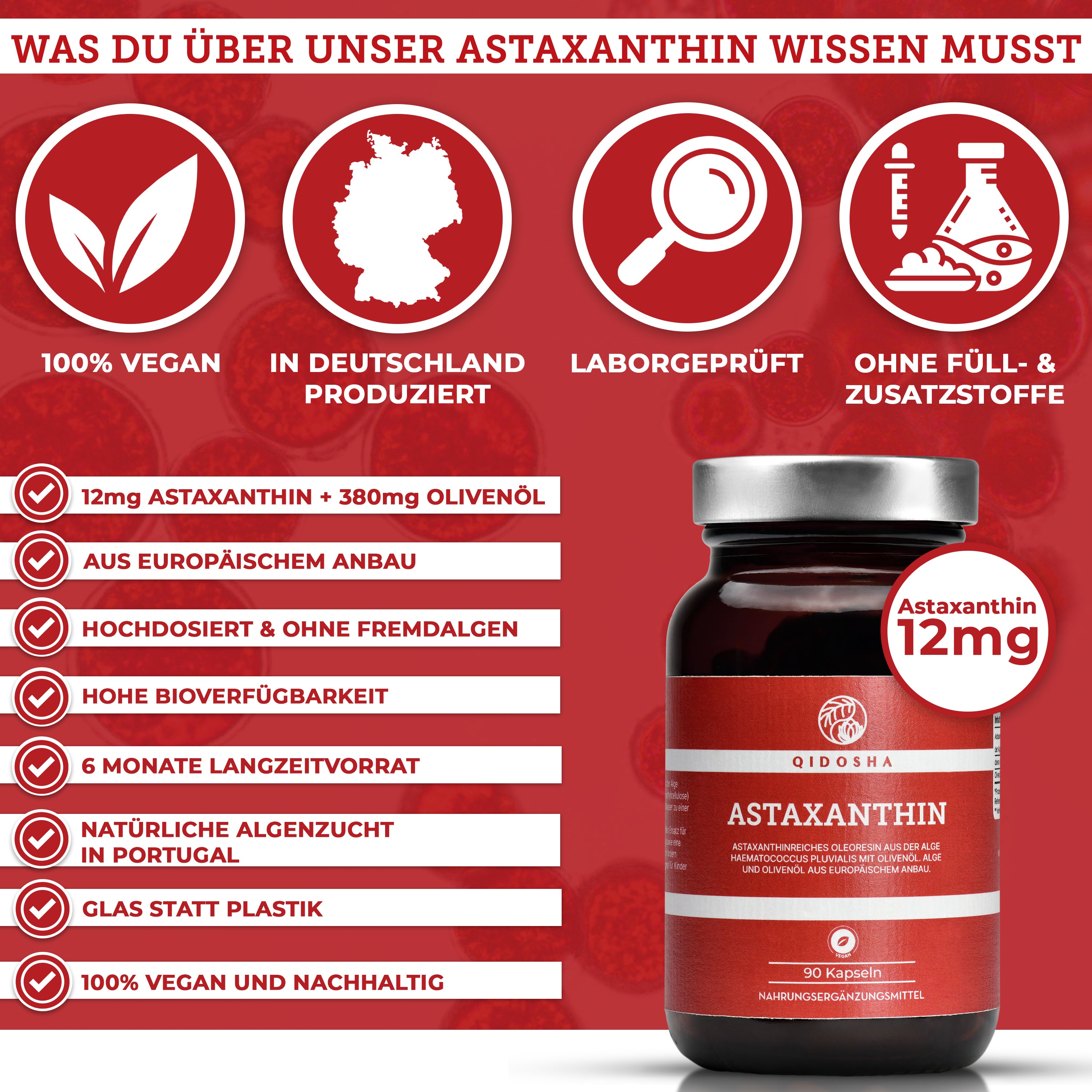 QIDOSHA Premium Astaxanthin 12 mg plus Olivenöl Softgels: 100 % vegan, hohe Qualität, laborgeprüft, ohne Füll- oder Zusatzstoffe, nachhaltige Glasverpackung. Hergestellt in Deutschland.