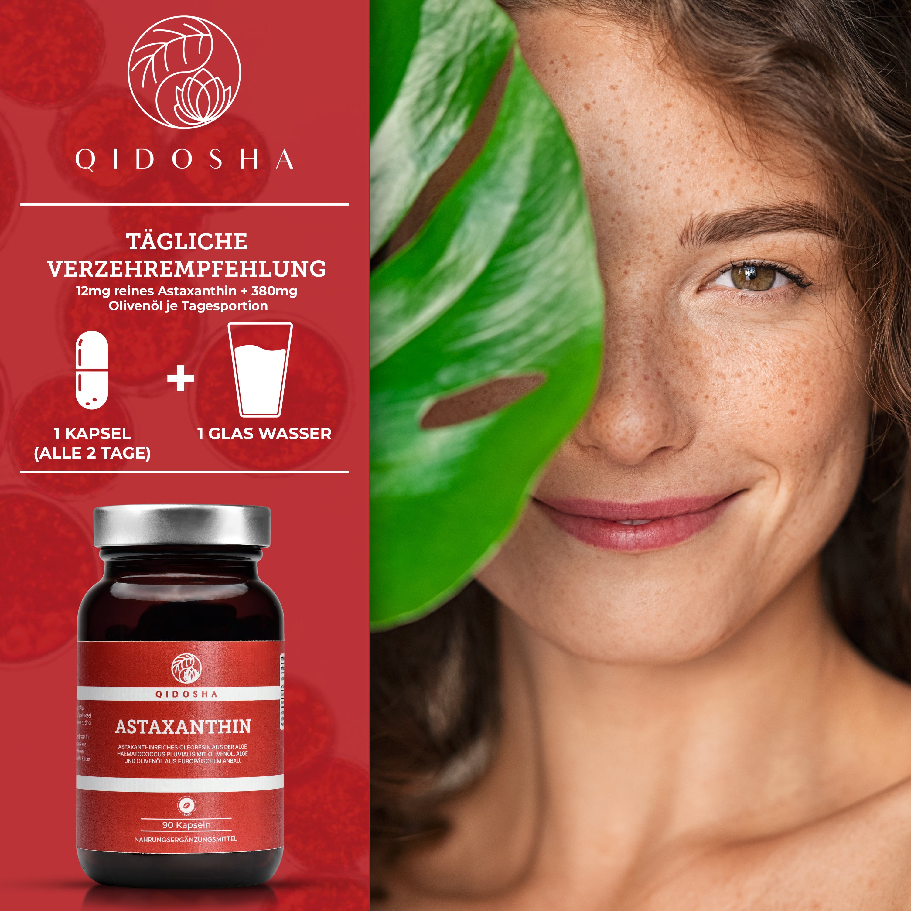 Qidosha Astaxanthin 12 mg plus Olivenöl (Softgels): Premium, nachhaltig kultiviert in Portugal, 90 vegane Kapseln, hohe Bioverfügbarkeit, laborgeprüfte Qualität, ohne Füllstoffe.