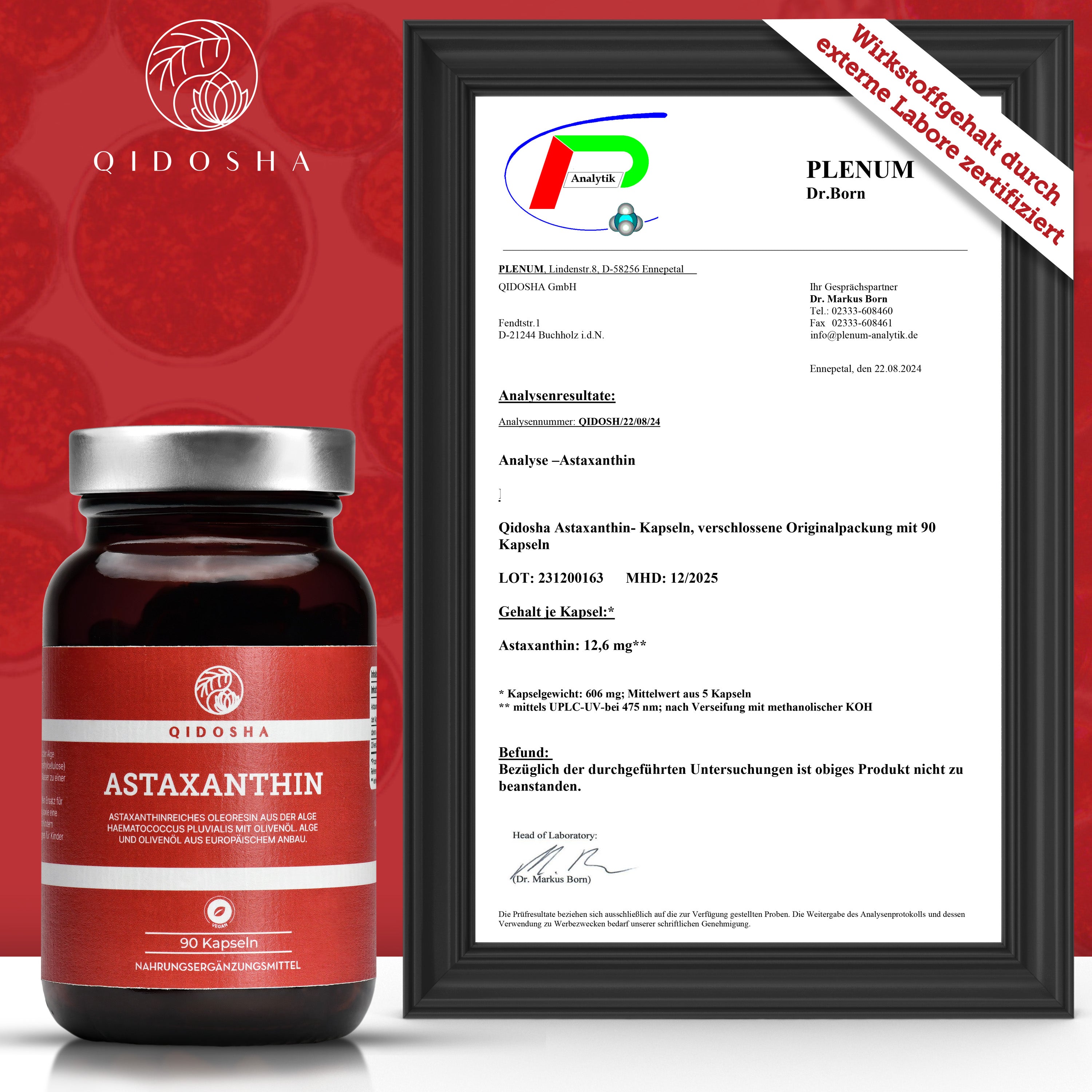 QIDOSHA Astaxanthin 12 mg plus Olivenöl Softgels, vegan und laborgeprüft, in Premium-Apothekerglas mit zertifiziertem Wirkstoffgehalt, ohne Füllstoffe, aus europäischer Algenkultivierung.