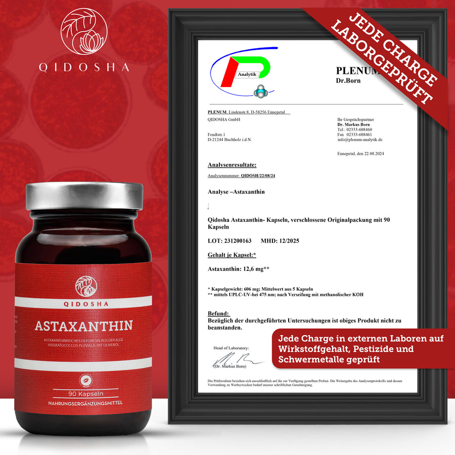 QIDOSHA Astaxanthin 12 mg plus Olivenöl Softgels, 90 Kapseln, laborgeprüft, premium Qualität, ohne Füll- und Zusatzstoffe, in nachhaltigem Glasbehälter.