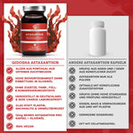 Vergleichsgrafik von Qidosha Astaxanthin 12 mg plus Olivenöl in Glasverpackung, hervorgehoben durch Premium-Qualität, hohe Bioverfügbarkeit, ohne Zusatzstoffe, nachhaltig, vegan, laborgeprüft.