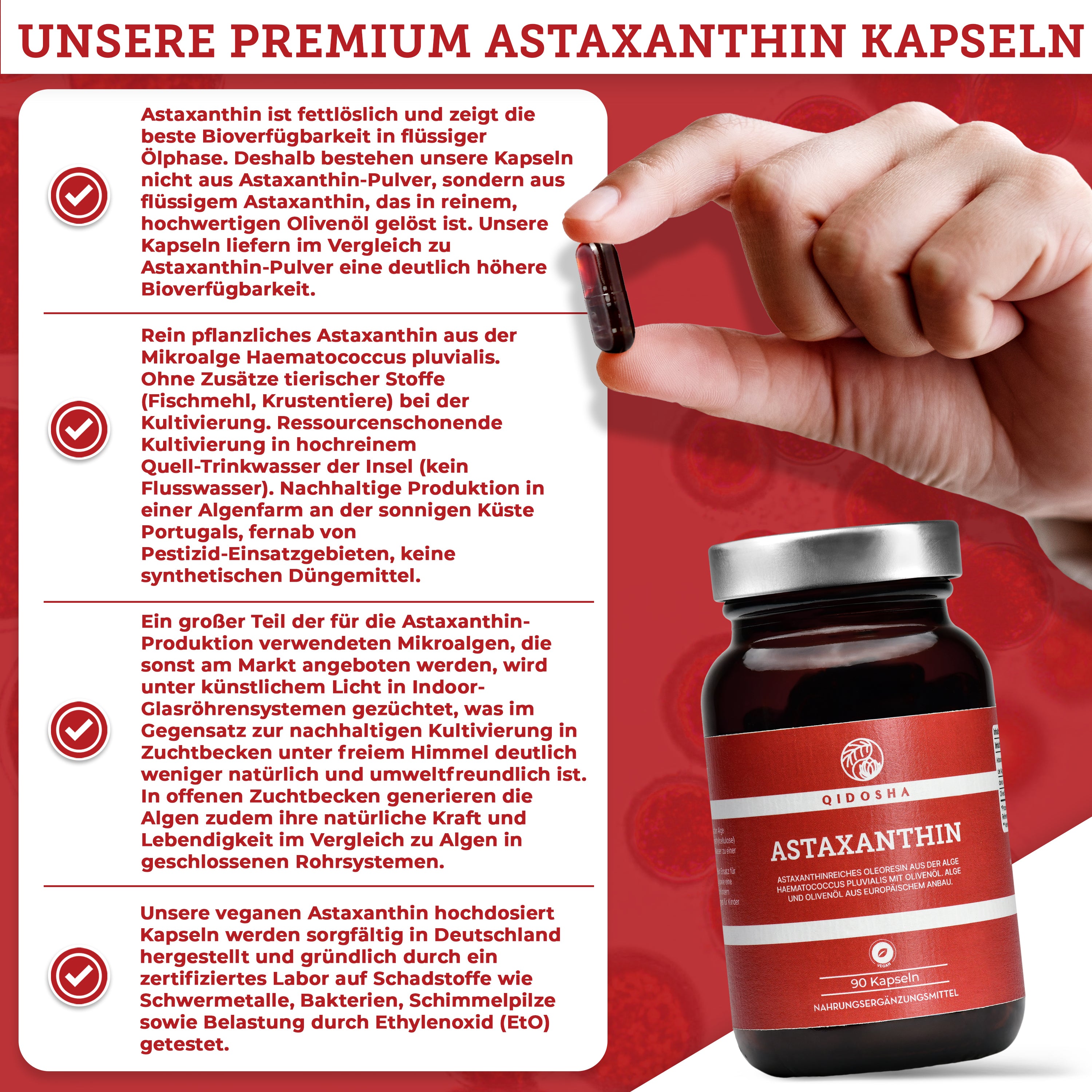 Premium Astaxanthin 12 mg plus Olivenöl Softgels von QIDOSHA, vegan und ohne Zusatzstoffe. Hand hält Gelkapsel, Glasbehälter mit 90 Kapseln, hohe Bioverfügbarkeit.