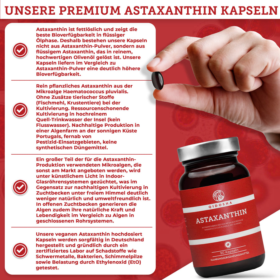 Premium Astaxanthin 12 mg plus Olivenöl (Softgels): Hand hält eine kleine, dunkle Kapsel; Qidosha's laborgeprüfte, pflanzliche, nachhaltig in Portugal angebaute Nahrungsergänzung mit hoher Bioverfügbarkeit.