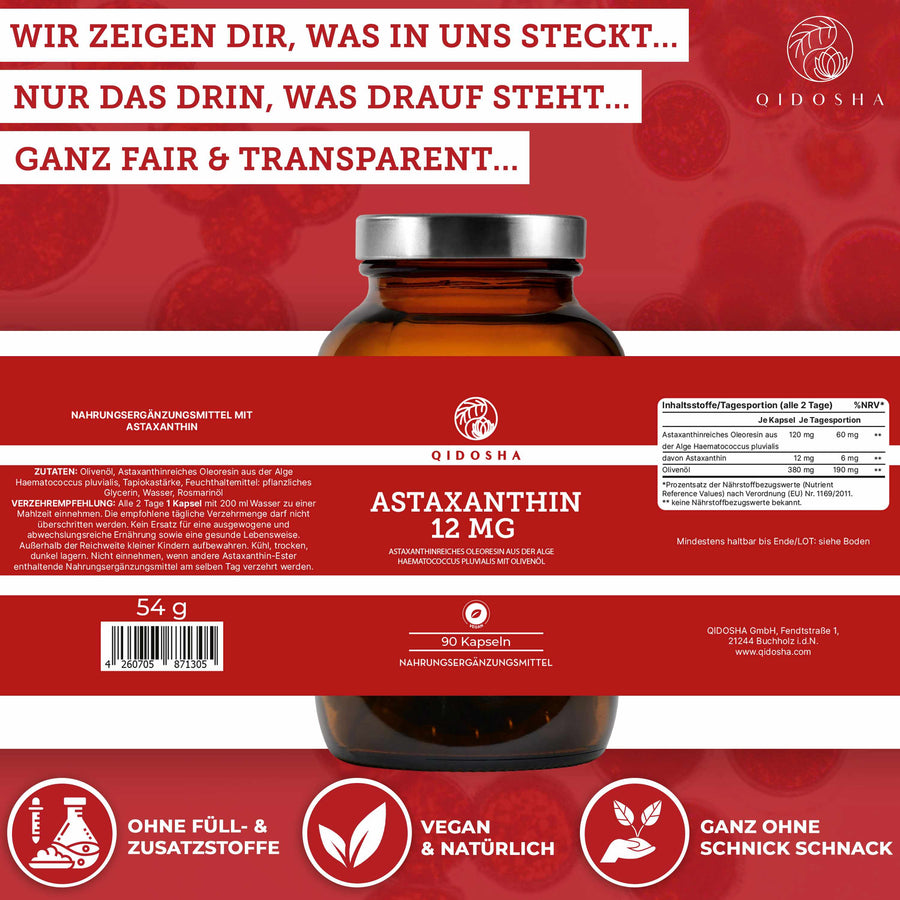 QIDOSHA Astaxanthin 12 mg plus Olivenöl Softgels, 90 vegane Kapseln. Premium, laborgeprüfte Qualität ohne Füll- oder Zusatzstoffe. Nachhaltig in Deutschland hergestellt. True clean label.