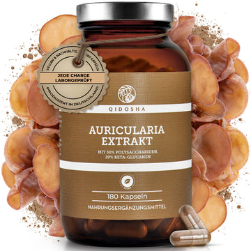 Braunes Glas mit QIDOSHA – Auricularia Extrakt für Premium-Nahrungsergänzung. Enthält 180 vegane Kapseln, hoher Polysaccharid- und β-Glucan-Gehalt. Laborgeprüft, ohne Zusatzstoffe.