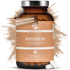 QIDOSHA Apigenin aus Zitronenextrakt plus Piperin als Bioenhancer: Premium, laborgeprüfte, vegane Kapseln im Braunglas, ohne Füll- oder Zusatzstoffe.