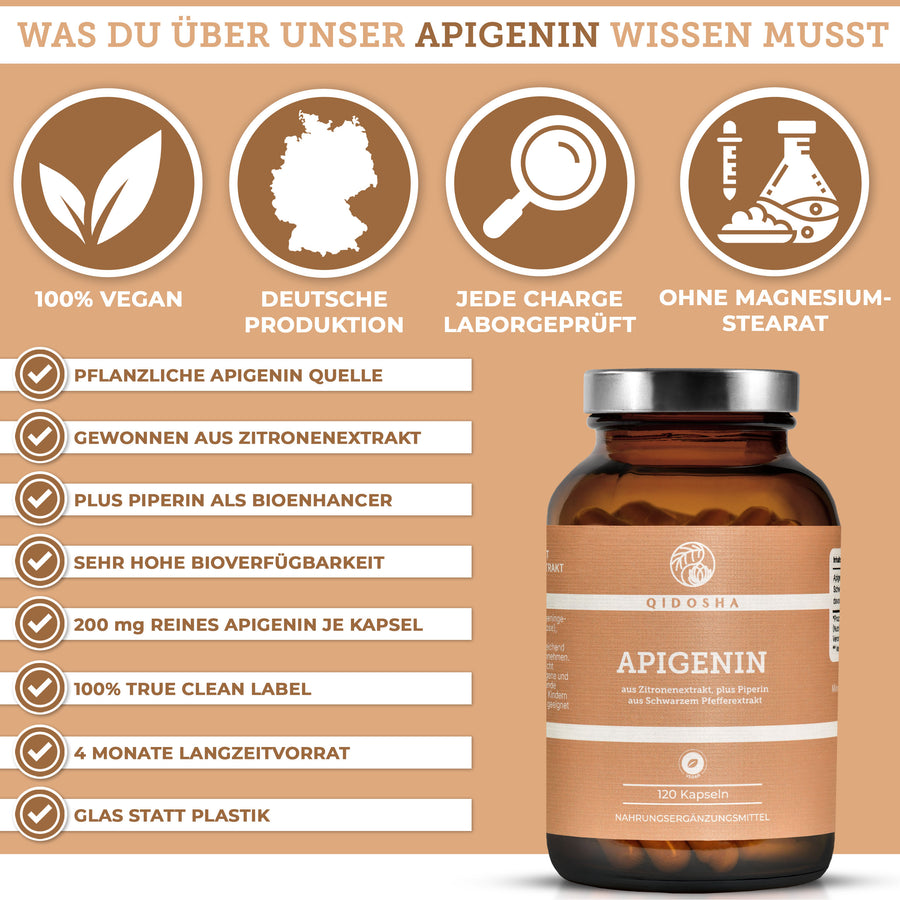 Qidosha Apigenin-Kapseln: Premium-Zitronenextrakt mit Piperin, 100% vegan, deutsche Produktion, laborgeprüft, ohne Zusatzstoffe, in Glasverpackung. Hohe Bioverfügbarkeit, true clean label.