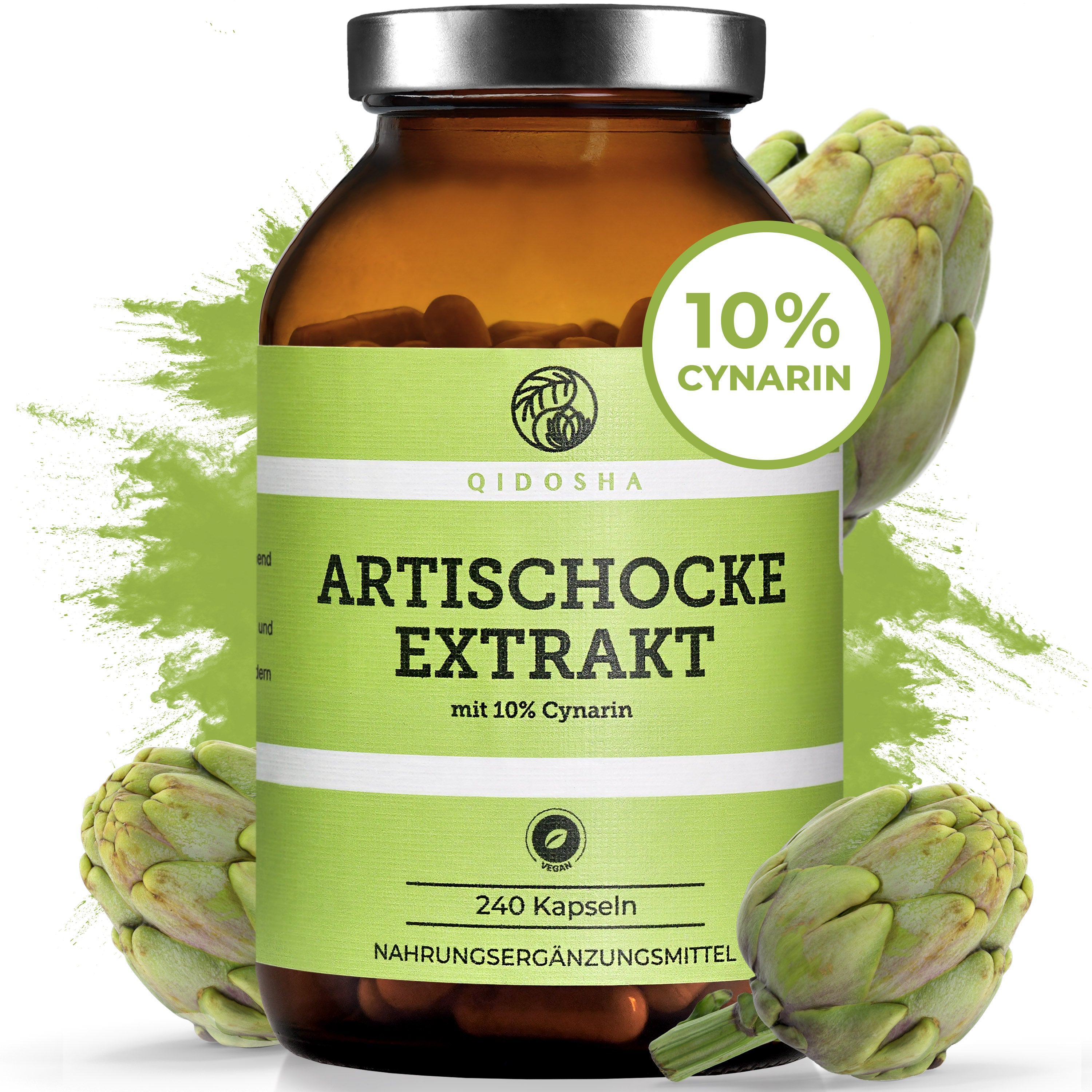 Artischockenextrakt mit 10% Cynarin von Qidosha: Premium, vegan, ohne Füllstoffe, 240 Kapseln in Braunglas. Laborgeprüft, aus spanischen Artischockenblättern. Hergestellt in Deutschland.