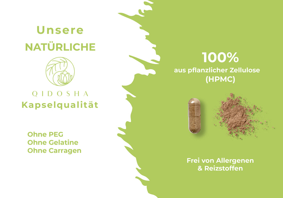 QIDOSHA Artischockenextrakt mit 10% Cynarin, pflanzliche Kapseln aus HPMC, ohne Gelatine, laborgeprüfte Premium-Qualität, frei von Allergenen, in lichtgeschütztem Braunglas.