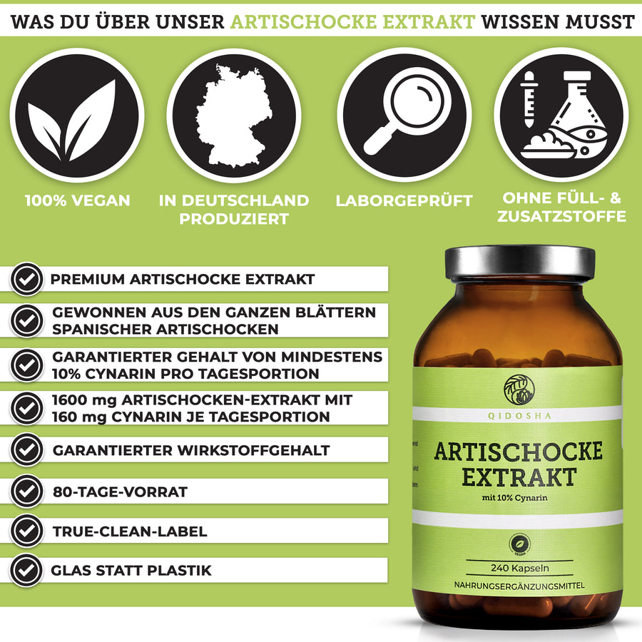Artischockenextrakt mit 10% Cynarin: Premium, vegan, ohne Füllstoffe, in Deutschland hergestellt, 80-Tage-Vorrat, laborgeprüft, Glasverpackung, hochdosiert, aus spanischen Artischockenblättern.