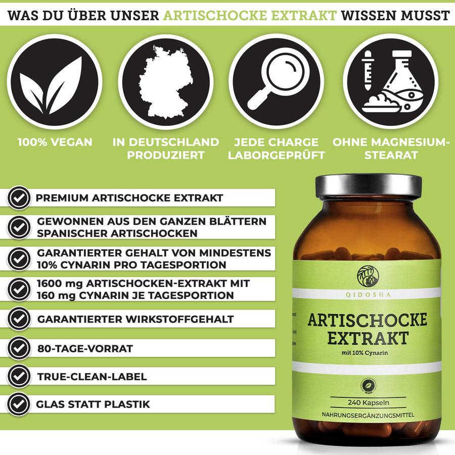 Artischockenextrakt mit 10% Cynarin: 240 vegane Kapseln in Glasbehälter, laborgeprüft, premium Qualität, ohne Zusatzstoffe, hergestellt in Deutschland, 80 Tage Vorrat.