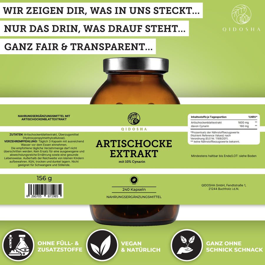 Artischockenextrakt mit 10% Cynarin, 240 vegane Kapseln im Braunglas, Premium-Qualität, laborgeprüft, ohne Füll- oder Zusatzstoffe, hergestellt in Deutschland von QIDOSHA.