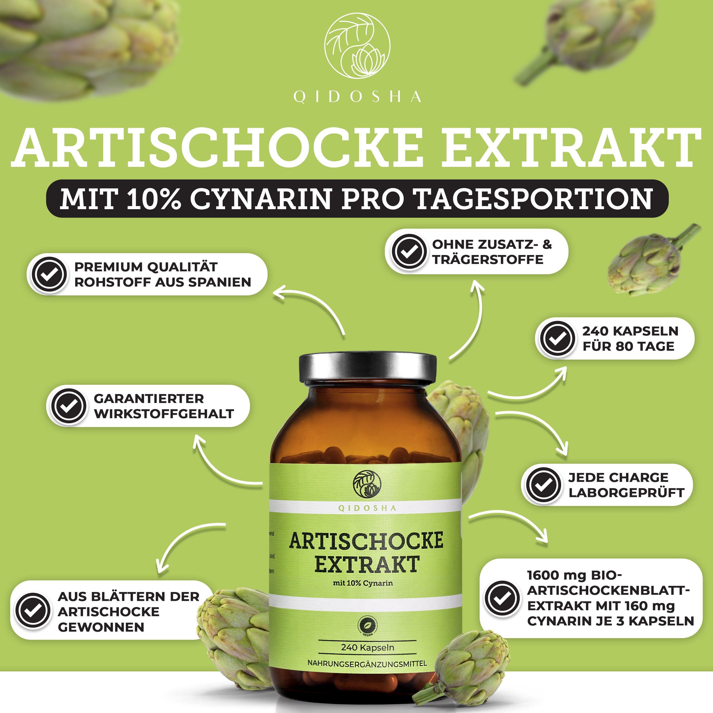 Artischockenextrakt mit 10% Cynarin: Premium-Qualität, 240 vegane Kapseln, rohstoffrein, ohne Zusatzstoffe, laborgeprüft, 80-Tage-Vorrat in Braunglas.