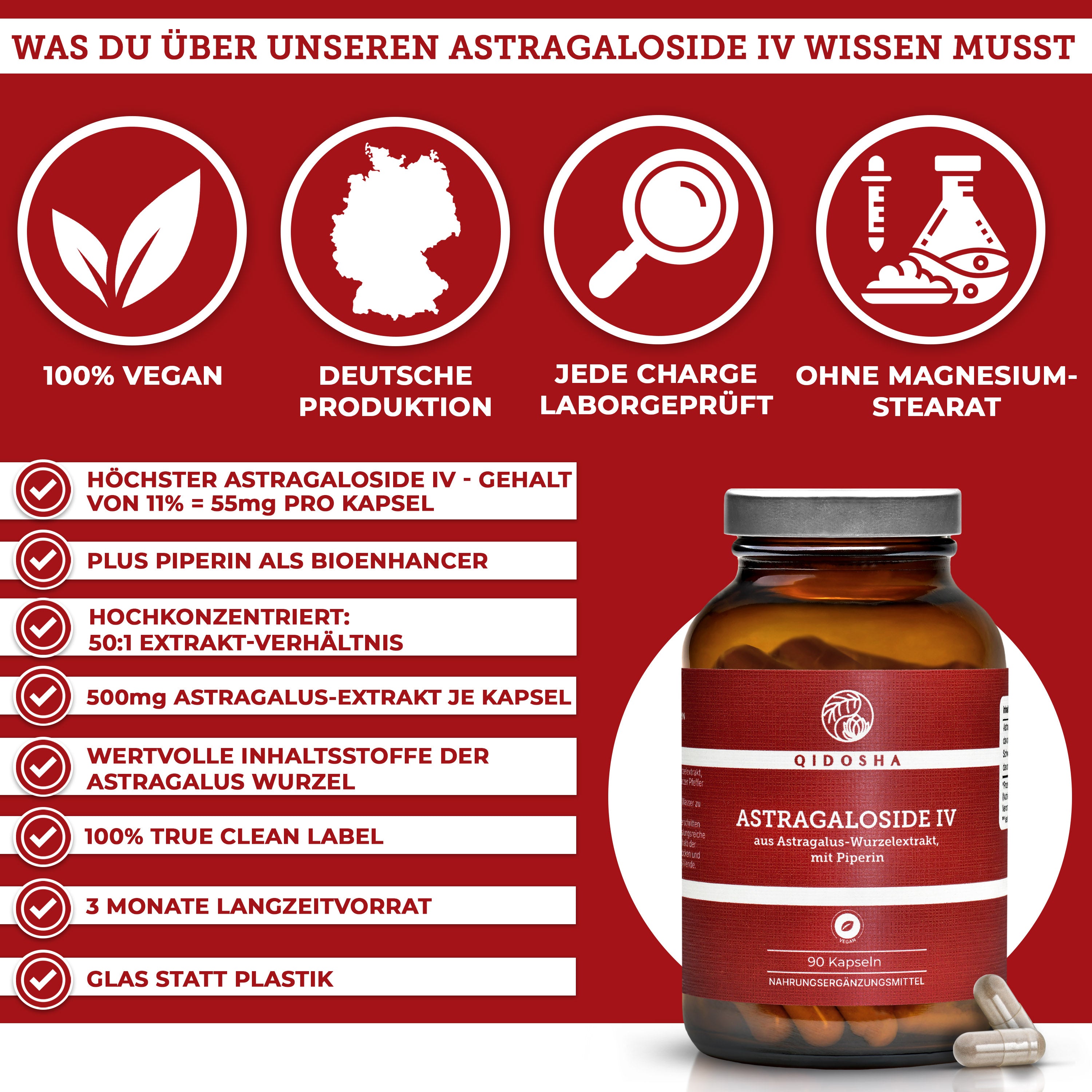 Qidosha Astragalosid IV aus Astragalus-Wurzelextrakt mit Piperin, Premium Nahrungsergänzungsmittel: 100 % vegan, deutsche Produktion, ohne Füllstoffe, laborgeprüfte Qualität, Glasverpackung.