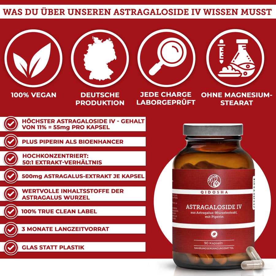 Qidosha Astragalosid IV aus Astragalus-Wurzelextrakt mit Piperin, Premium Nahrungsergänzungsmittel: 100 % vegan, deutsche Produktion, ohne Füllstoffe, laborgeprüfte Qualität, Glasverpackung.