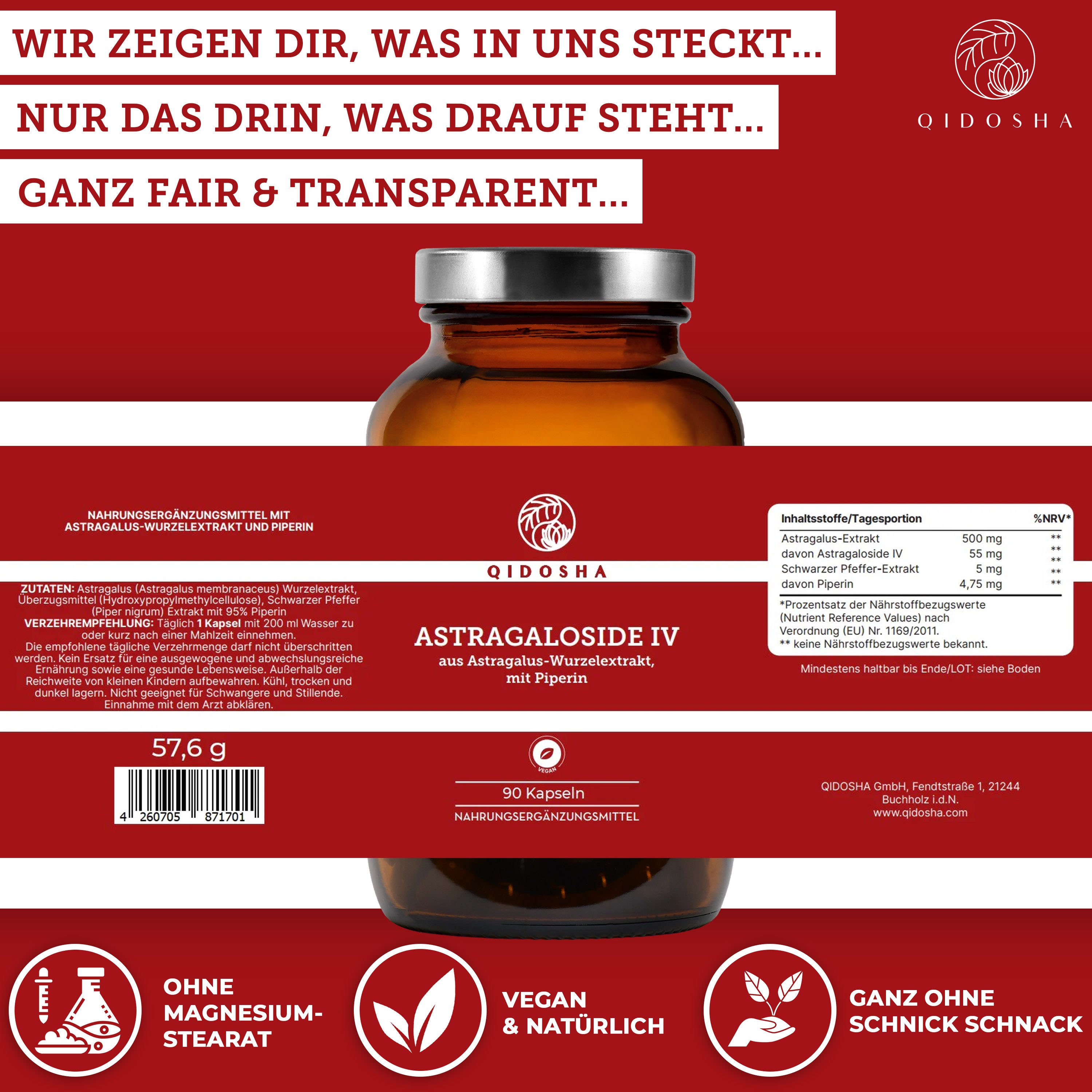 Astragalosid IV aus Astragalus-Wurzelextrakt plus Piperin: Premium-Nahrungsergänzung, vegan, laborgeprüft, ohne Füllstoffe, in Glasverpackung für höchste Qualität und Transparenz. 90 Kapseln.