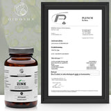 Zink aus Guavenblatt-Extrakt: Premium-Zink-Supplement in brauner Glasflasche, laborgeprüft und ohne Füllstoffe, neben Plenum-Testbericht mit unbedenklichem mikrobiologischen Ergebnis.