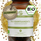 Bio Hanfsamenöl (vegan) im Glas von BIDOSHA: 180 kaltgepresste, laborgeprüfte Premium-Kapseln mit Omega-Fettsäuren, nachhaltig verpackt in Glas, ohne Zusatzstoffe.