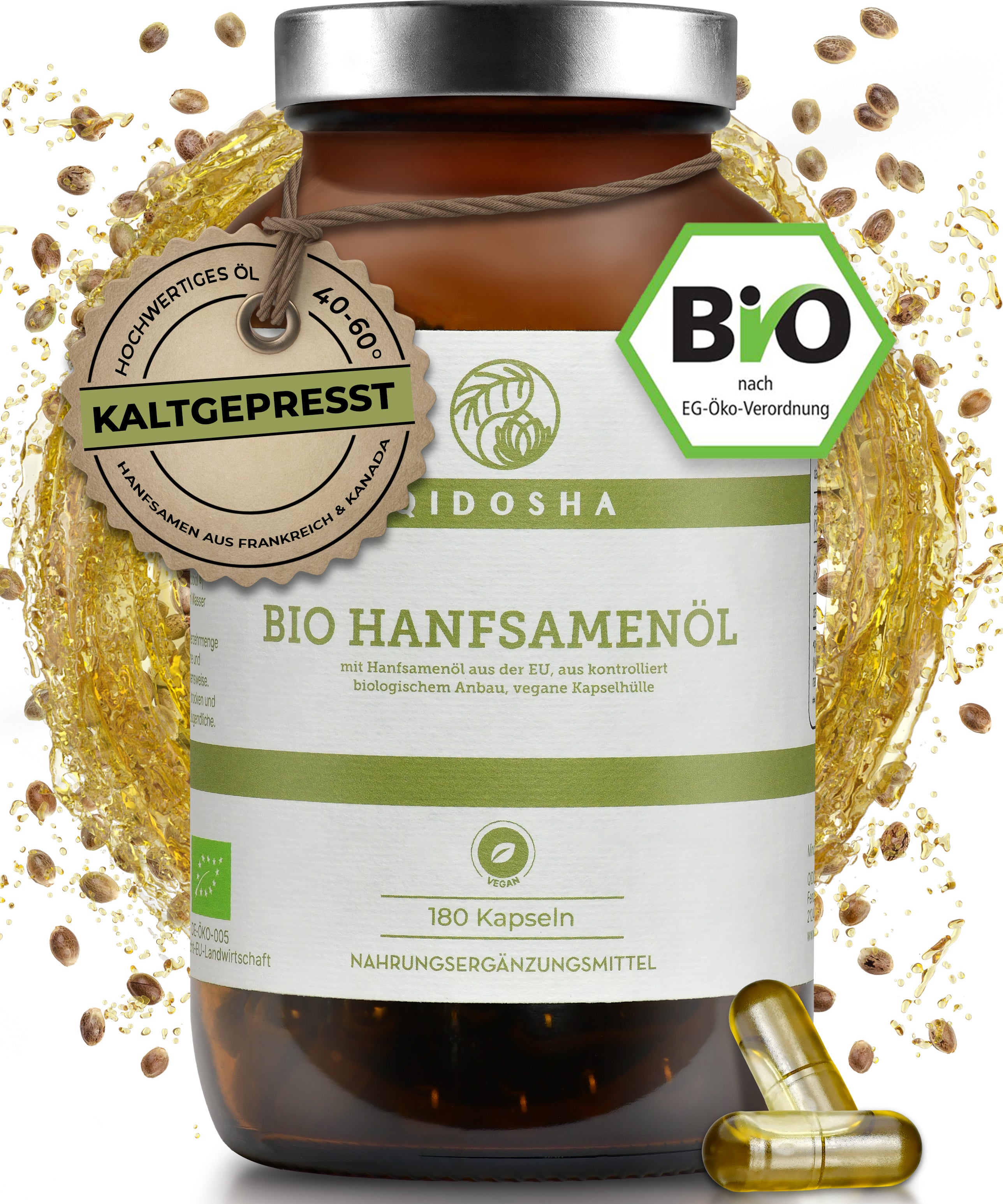 Bio Hanfsamenöl (vegan) im Glas von BIDOSHA: 180 kaltgepresste, laborgeprüfte Premium-Kapseln mit Omega-Fettsäuren, nachhaltig verpackt in Glas, ohne Zusatzstoffe.