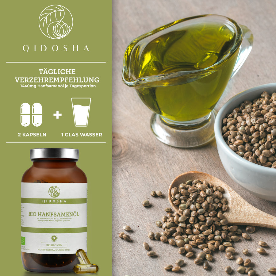 Organic hemp seed oil (vegan) in a glass