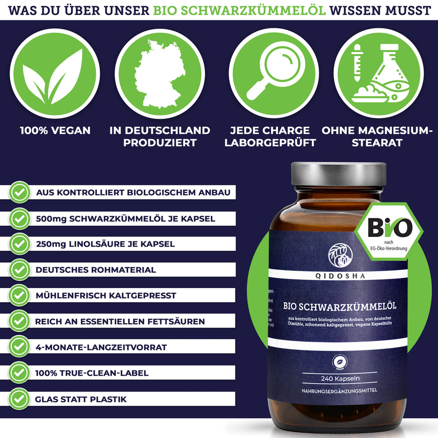 Qidosha Bio Schwarzkümmelöl: Premium-Qualität, 100% vegan, laborgeprüft, ohne Zusatzstoffe. Hergestellt in Deutschland, 500 mg pro Kapsel, 4 Monate Vorrat, Glasverpackung.