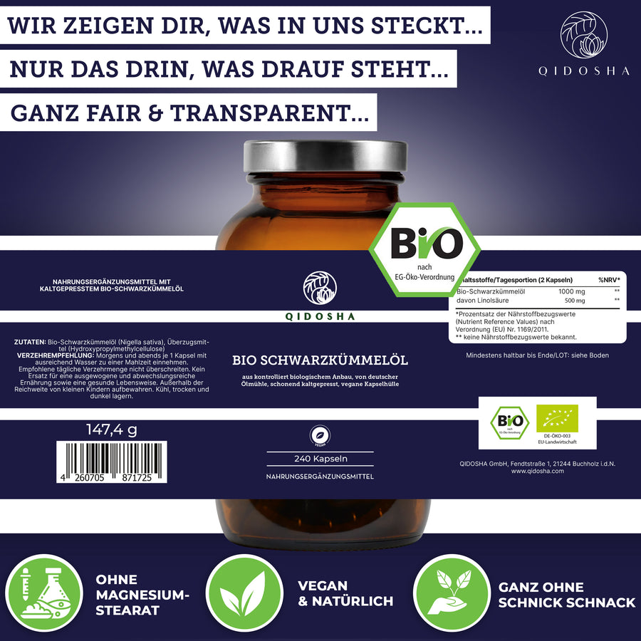 QIDOSHA Bio Schwarzkümmelöl: Premium, laborgeprüfte vegane Kapseln, 240 Stück. Hergestellt in Deutschland, ohne Füllstoffe, mit 1000mg reines, kaltgepresstes Öl pro Tagesdosis.