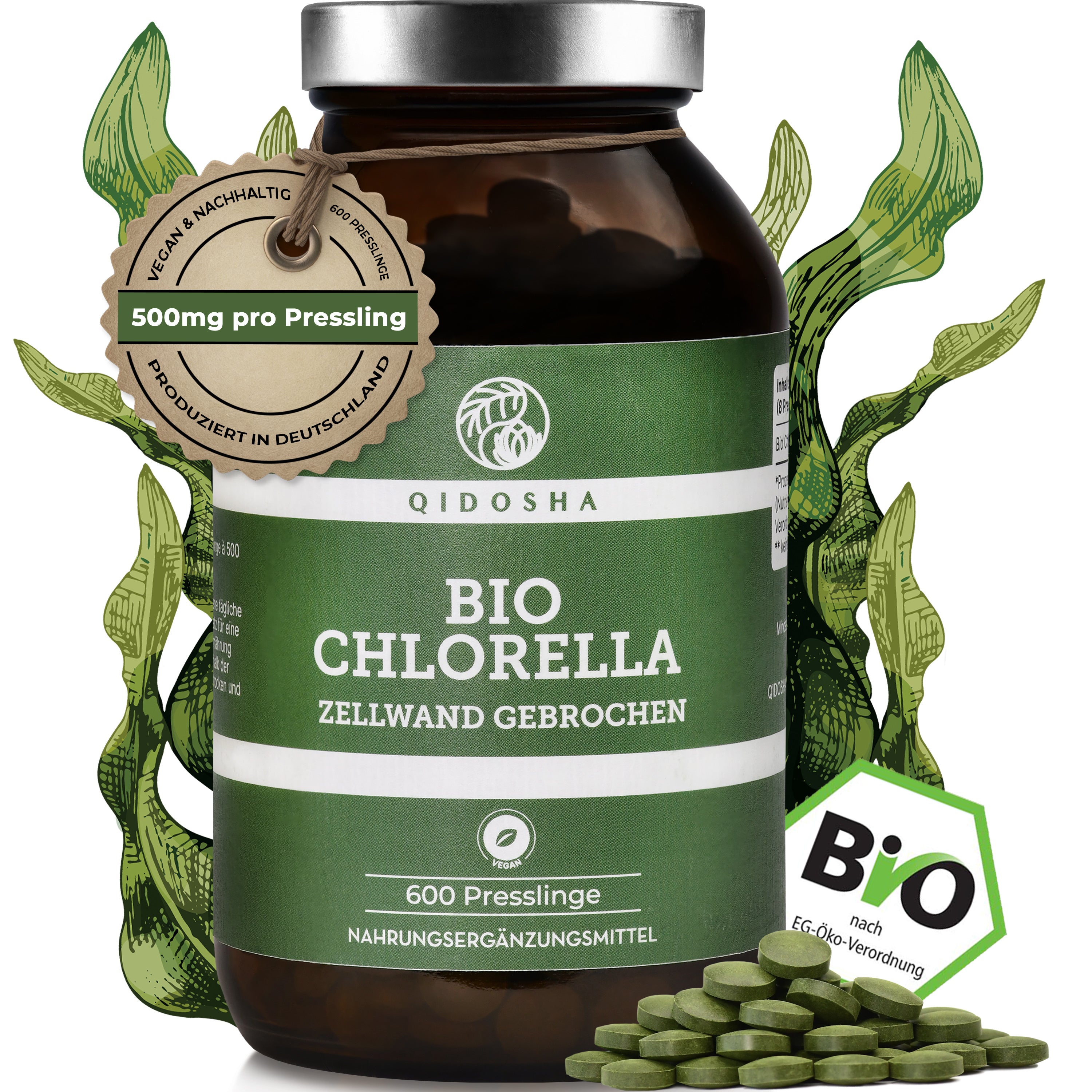 Bio Chlorella Presslinge (gebrochene Zellwand) im dunklen Apothekerglas. Premium, vegane, organische Tabletten, laborgeprüfte Qualität, ohne Zusatzstoffe, 600 Stück à 500 mg.