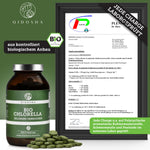 Qidosha Bio Chlorella Presslinge in dunklem Glas, 600 Stück, mit laborgeprüfter Qualität. Enthält gebrochene Zellwände, 100% bio, vegan, ohne Füllstoffe. Laborzertifikat sichtbar.