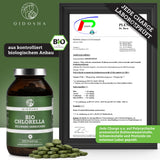 Qidosha Bio Chlorella Presslinge in dunklem Glas, 600 Stück, mit laborgeprüfter Qualität. Enthält gebrochene Zellwände, 100% bio, vegan, ohne Füllstoffe. Laborzertifikat sichtbar.