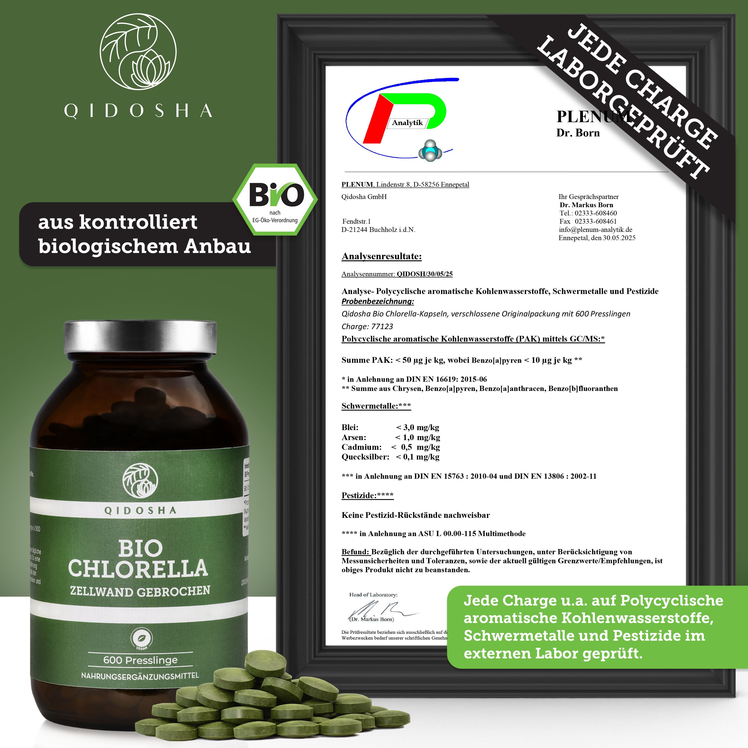 Qidosha Bio Chlorella Presslinge in dunklem Glas, 600 Stück, mit laborgeprüfter Qualität. Enthält gebrochene Zellwände, 100% bio, vegan, ohne Füllstoffe. Laborzertifikat sichtbar.