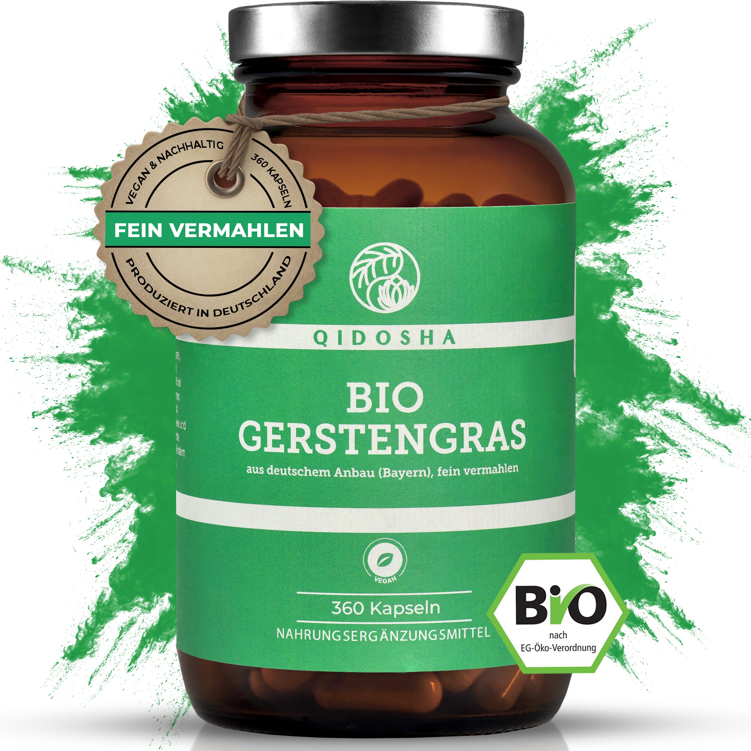 Bio Gerstengras im Glas: Premium, laborgeprüfte Bio-Kapseln aus feinem Gerstengraspulver, vegan, ohne Zusatzstoffe, nachhaltig in Deutschland hergestellt. 360 Kapseln.