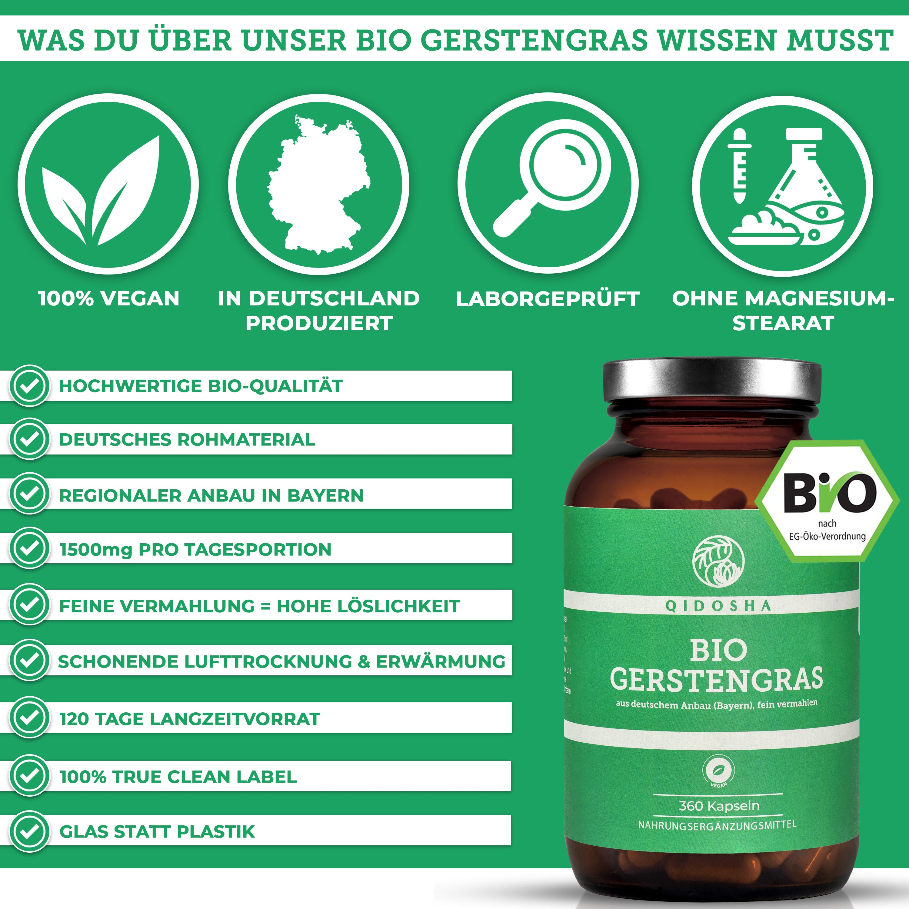 Bio Gerstengras: Premium, laborgeprüftes Nahrungsergänzungsmittel. 100% vegan, deutsche Herstellung, ohne Füllstoffe, in Glasverpackung. Enthält 360 Kapseln, 1500 mg pro Tagesdosis.