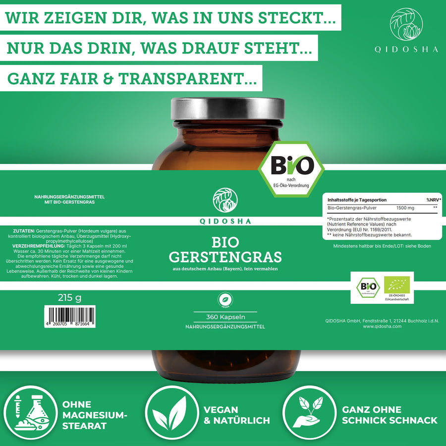 QIDOSHA Bio Gerstengras-Kapseln, 360 Stück in Glasverpackung. Premium, laborgeprüfte Qualität, vegan, ohne Füllstoffe, aus kontrolliert biologischem Anbau, True Clean Label.