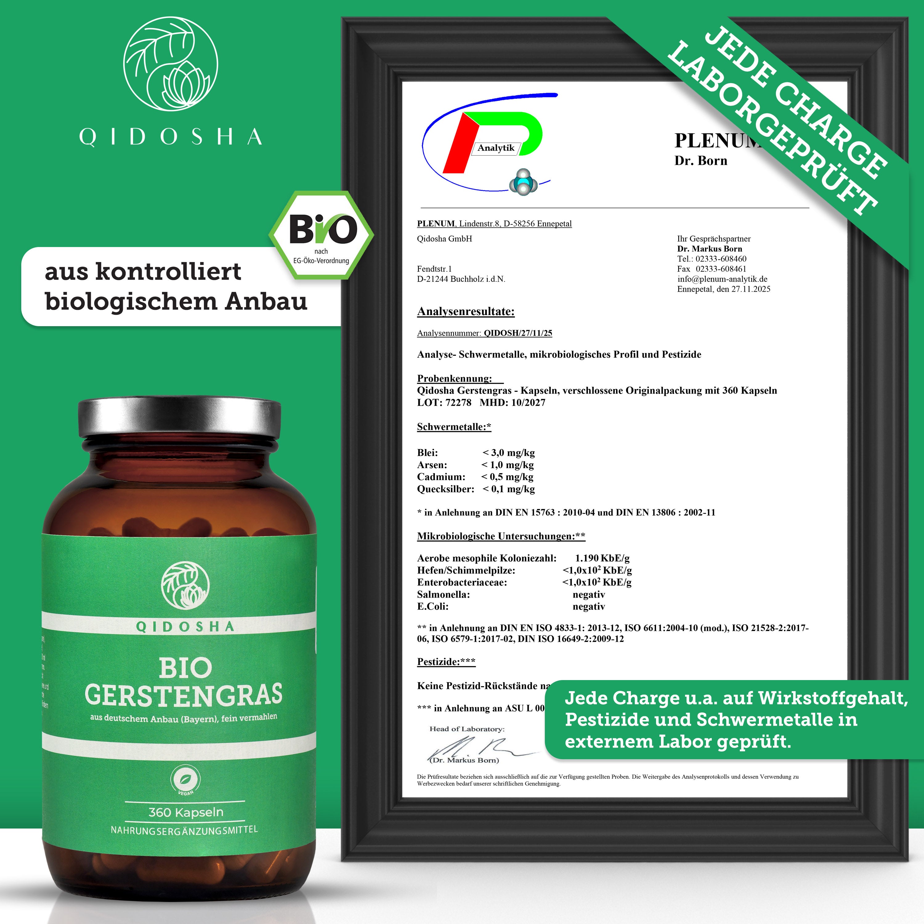 Bio Gerstengras von QIDOSHA: Premium-Nahrungsergänzungsmittel in braunem Glas, 360 Kapseln. Laborgeprüfte, organische Qualität, ohne Füllstoffe. Enthält 1500 mg je Tagesportion. Vegan.