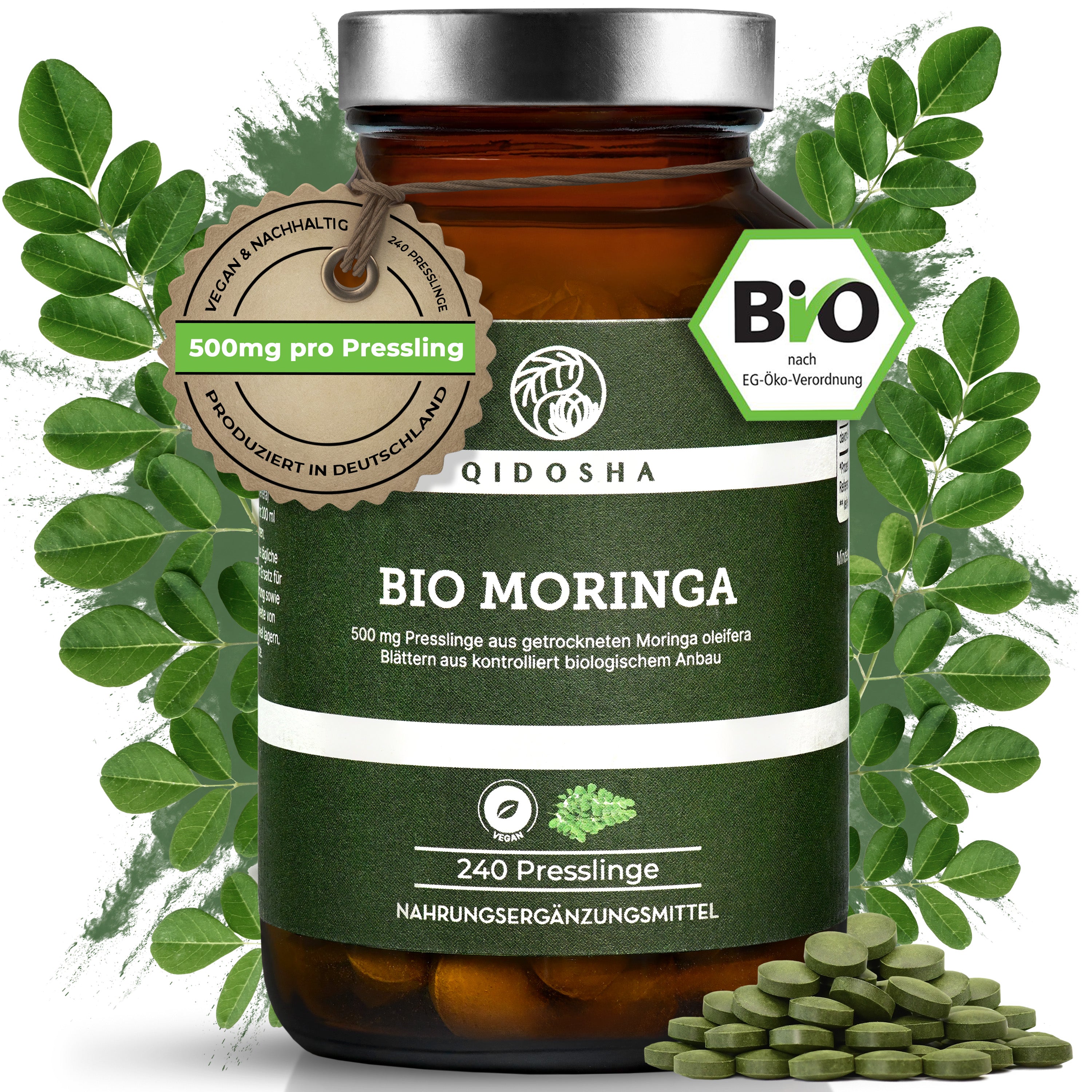 Bio Moringa Presslinge 500mg 240 Stk/Glas von Qidosha: Premium, laborgeprüfte Qualität, ohne Zusatzstoffe, in nachhaltigem Glas mit Moringa-Blättern und Tabletten sichtbar. Zertifiziert bio.