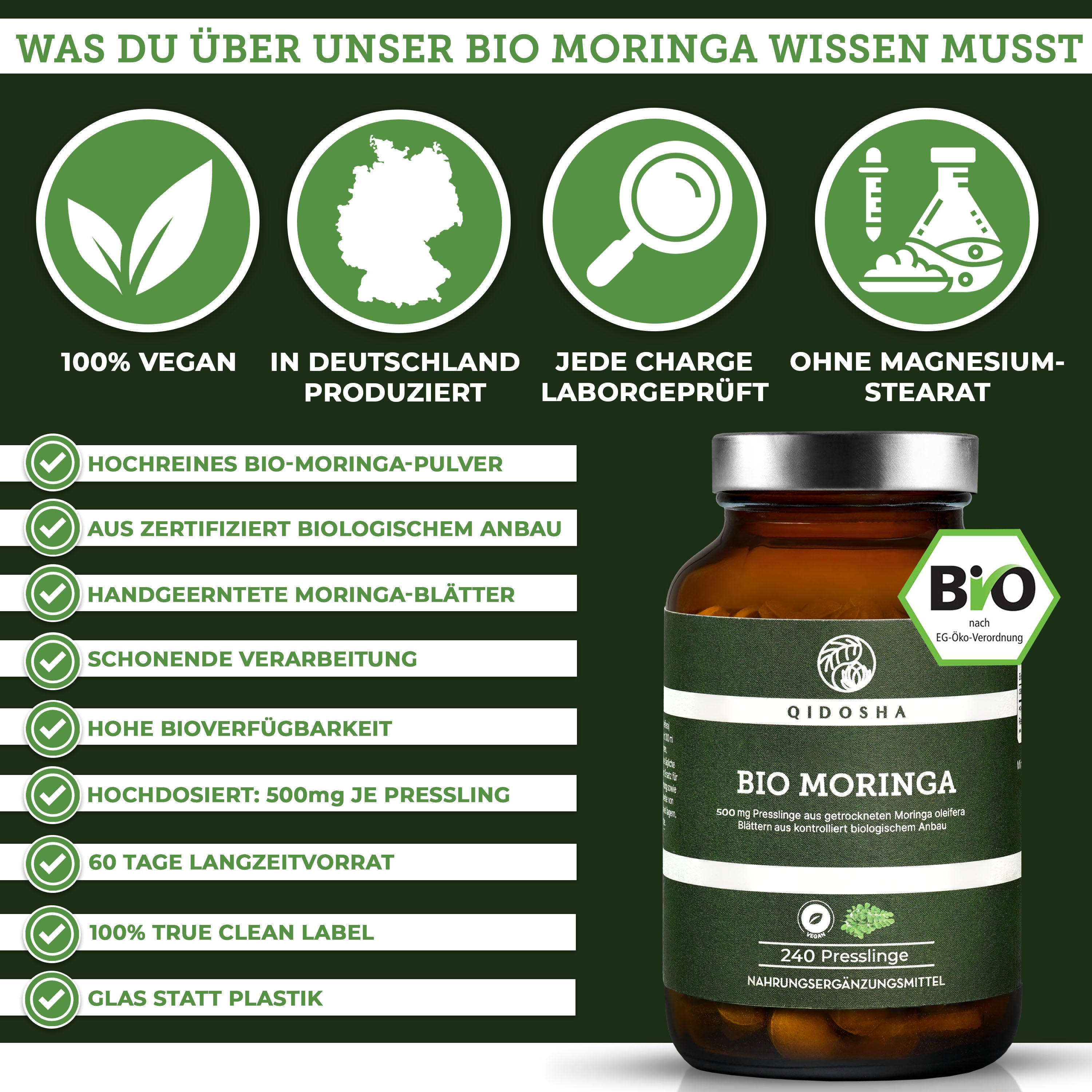 Bio Moringa Presslinge 500mg 240 Stk/Glas: Premium, laborgeprüft, vegan, ohne Zusatzstoffe, in Deutschland hergestellt, 100% naturrein. Glasverpackung für nachhaltige Qualität.