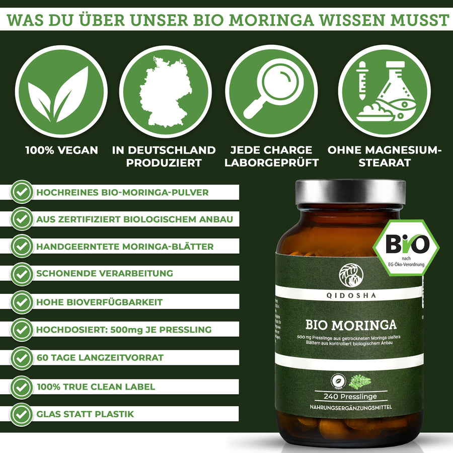 Bio Moringa Presslinge 500mg 240 Stk/Glas: Premium, laborgeprüft, vegan, ohne Zusatzstoffe, in Deutschland hergestellt, 100% naturrein. Glasverpackung für nachhaltige Qualität.