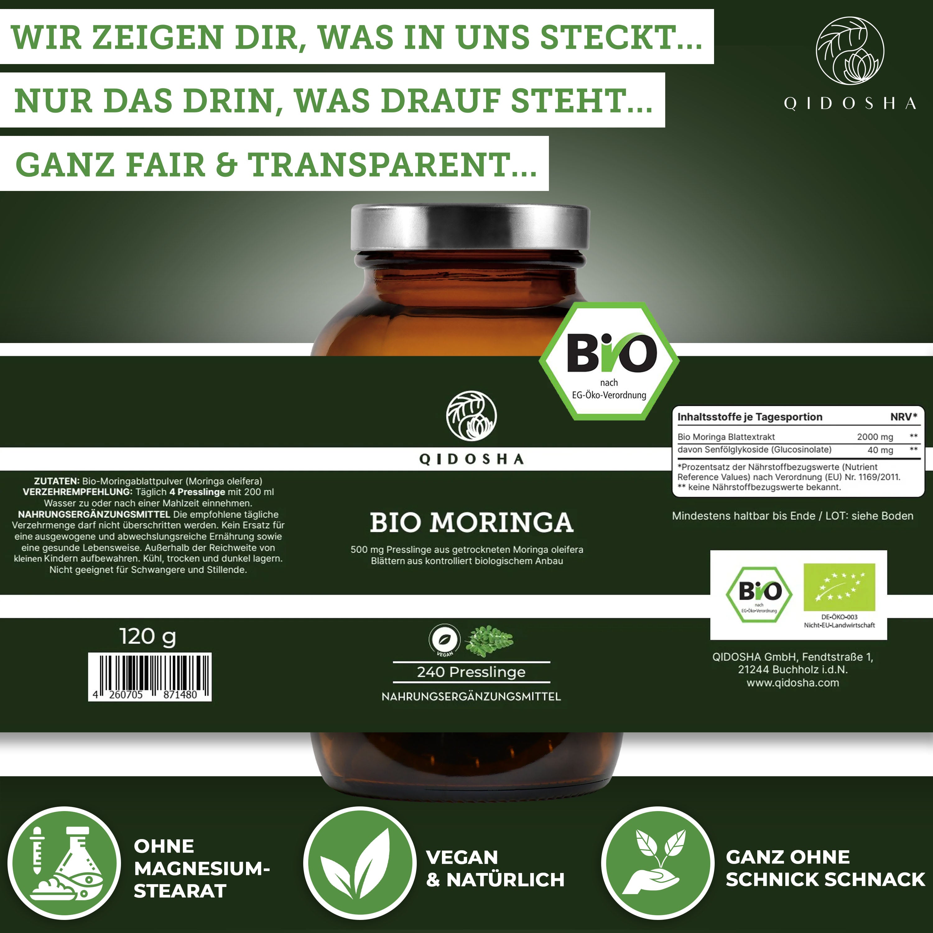 Bio Moringa Presslinge 500mg 240 Stk/Glas von QIDOSHA, vegan, ohne Zusatzstoffe, true clean label, in nachhaltigem Glas, aus kontrolliert biologischem Anbau, laborgeprüfte Premiumqualität.