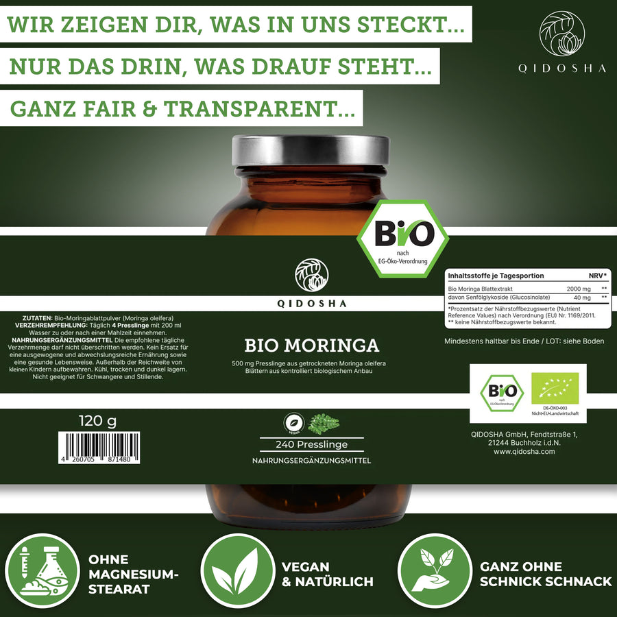 Bio Moringa Presslinge 500mg 240 Stk/Glas von QIDOSHA, vegan, ohne Zusatzstoffe, true clean label, in nachhaltigem Glas, aus kontrolliert biologischem Anbau, laborgeprüfte Premiumqualität.