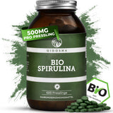 Bio Spirulina Presslinge in braunem Glas, 600 Tabletten à 500 mg. Premium, laborgeprüfte Qualität aus biologischem Anbau, ohne Füllstoffe, vegan, true clean label.