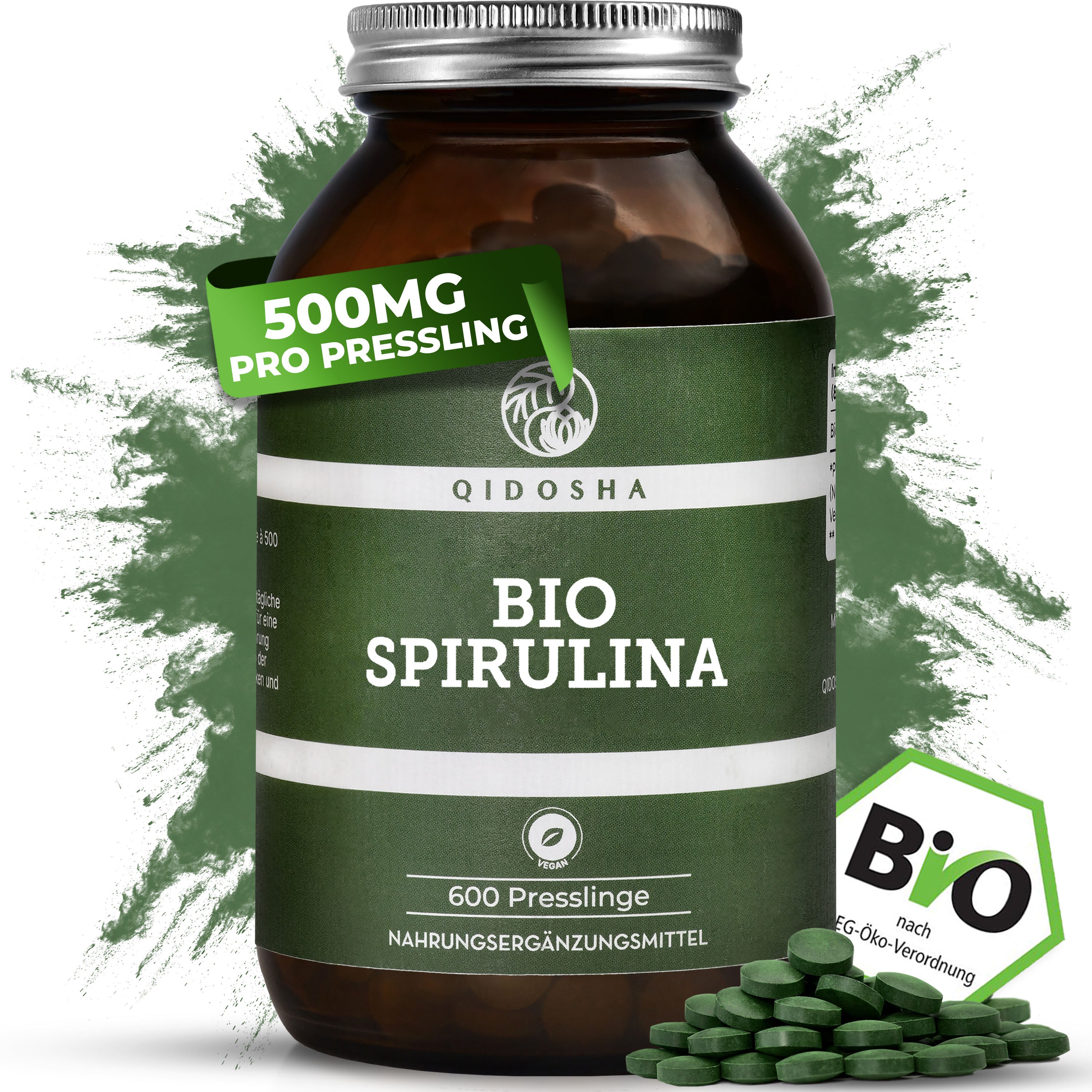 Bio Spirulina Presslinge in braunem Glas, 600 Tabletten à 500 mg. Premium, laborgeprüfte Qualität aus biologischem Anbau, ohne Füllstoffe, vegan, true clean label.