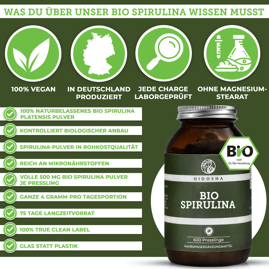 Bio Spirulina Presslinge von QIDOSHA: Premium, laborgeprüftes Spirulina-Pulver, 100% vegan, ohne Zusatzstoffe, in nachhaltigem Glasbehälter. 75 Tage Vorrat, hergestellt in Deutschland.