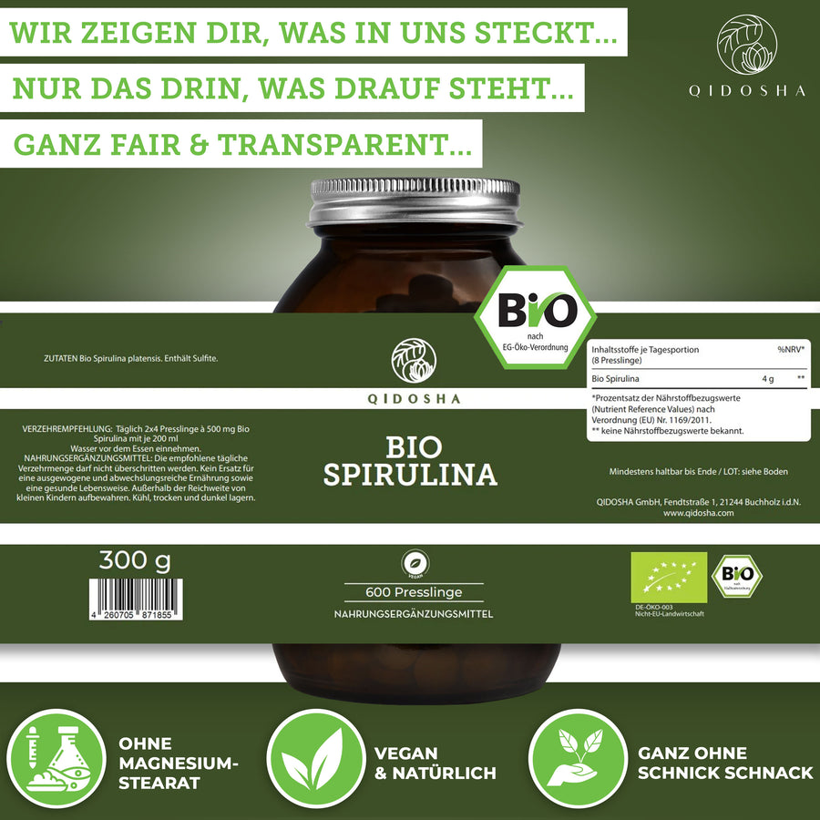 QIDOSHA Bio Spirulina Presslinge, Premium-Nahrungsergänzungsmittel, 600 Presslinge pro Glas, EU-Bio-zertifiziert, vegan, ohne Zusatzstoffe, laborgeprüft, 100% reines Spirulina-Pulver, nachhaltige Glasverpackung.