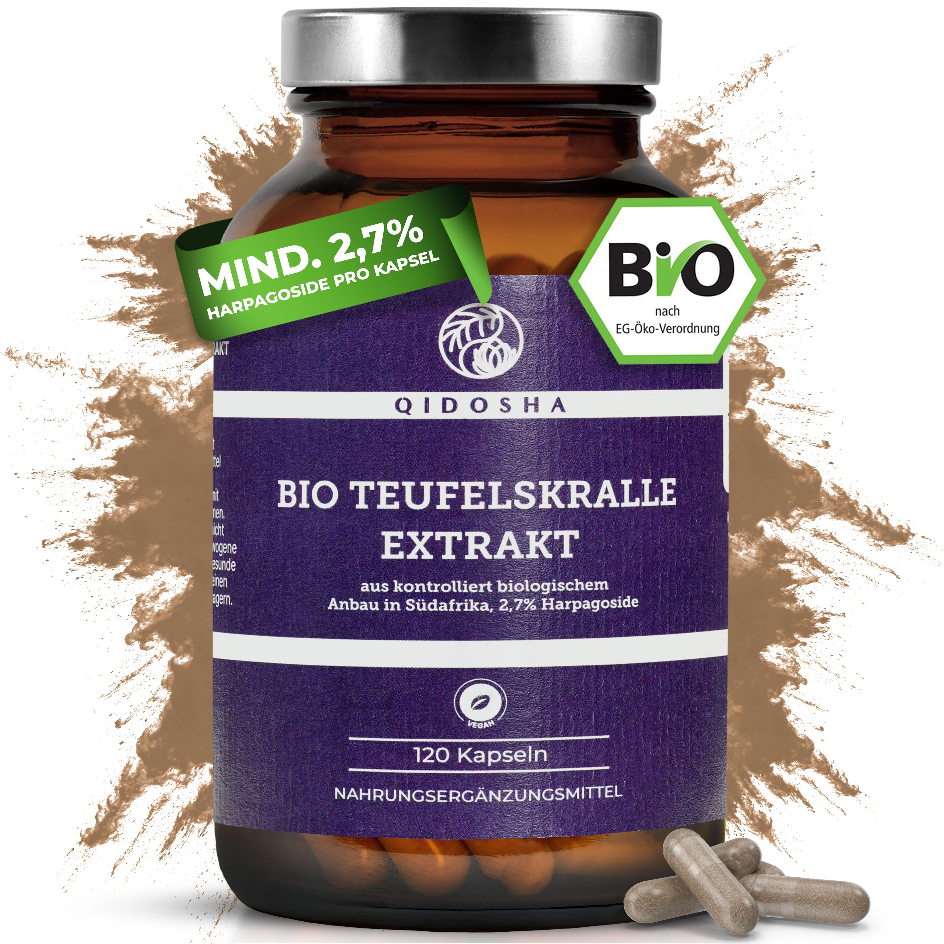 Bio Teufelskralle Extrakt Kapseln mit Rohmaterial aus Südafrika, im braunen Glas. Premium-Ergänzung ohne Füllstoffe, hohe Qualität, vegan, laborgeprüft, für 4 Monate.
