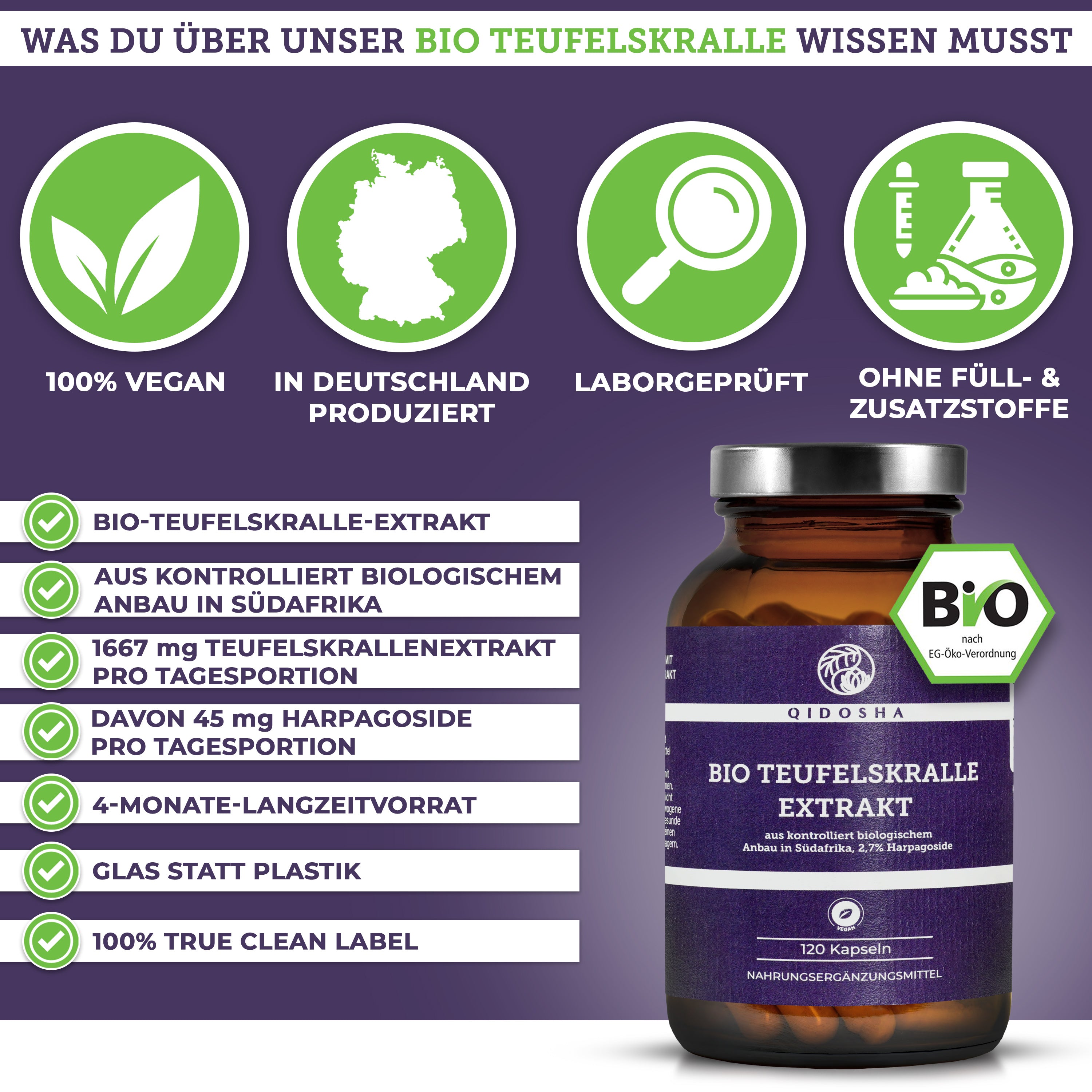 Bio Teufelskralle Extrakt von QIDOSHA: Premium-Nahrungsergänzungsmittel, vegan, laborgeprüft, ohne Zusatzstoffe, aus Südafrika, 1.667 mg Extrakt pro Dosis, 120 Kapseln Glasverpackung.
