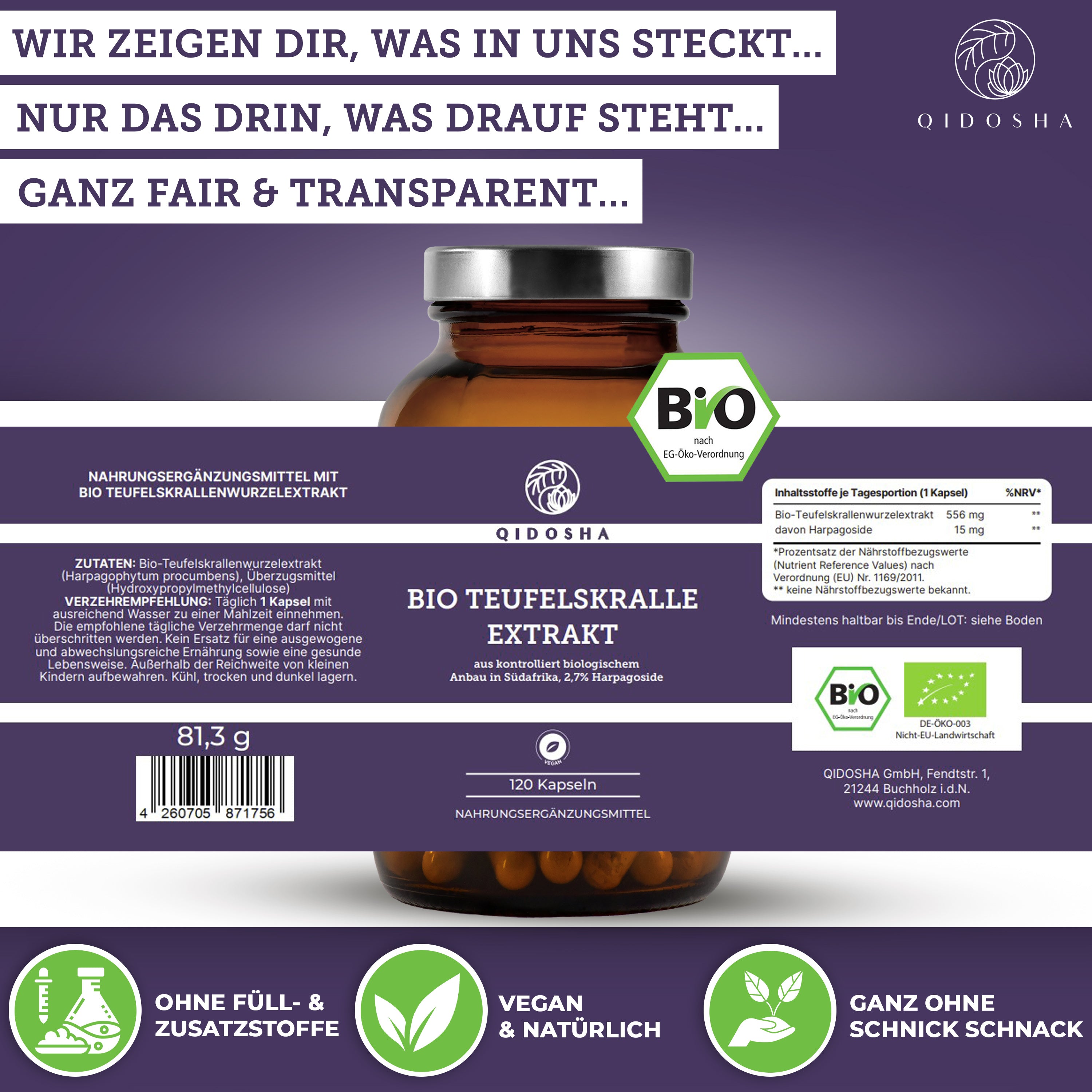 QIDOSHA Mobility Stack: Premium, laborgeprüftes Bio Teufelskralle Extrakt aus Südafrika. 120 vegane Kapseln, ohne Füll- oder Zusatzstoffe. Fördert langfristige Beweglichkeit.