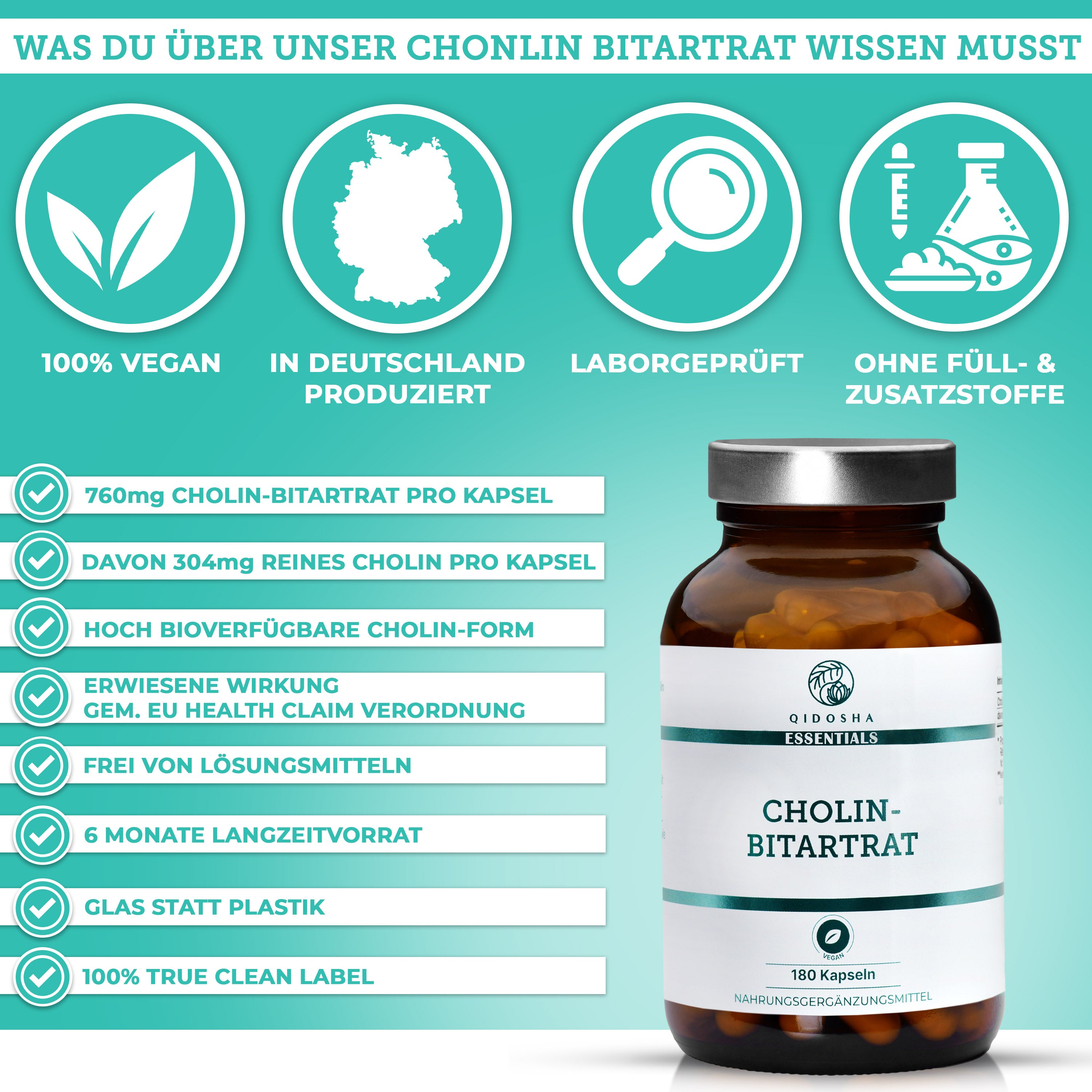 Cholin als Cholin-Bitartrat von QIDOSHA Essentials: Premium, vegan, ohne Füll- oder Zusatzstoffe, 760 mg pro Kapsel, laborgeprüfte Qualität, in Deutschland hergestellt, Glasverpackung.
