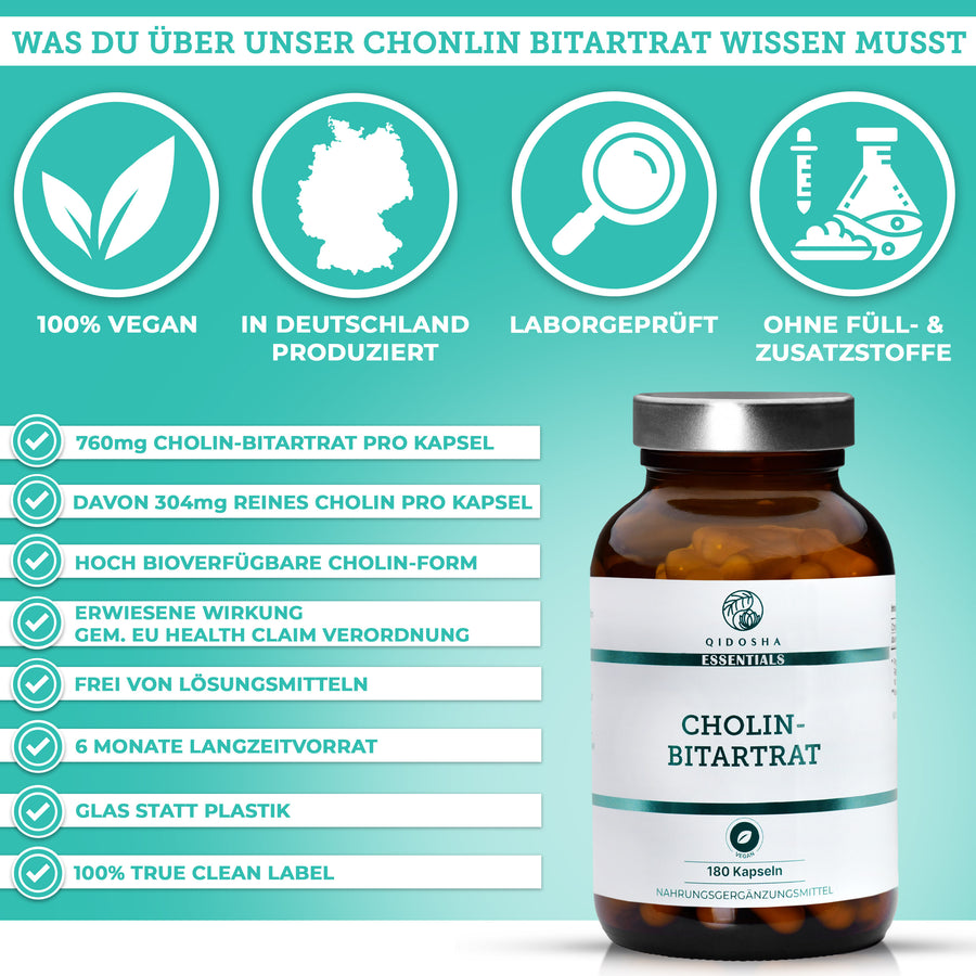 Cholin als Cholin-Bitartrat von QIDOSHA Essentials: Premium, vegan, ohne Füll- oder Zusatzstoffe, 760 mg pro Kapsel, laborgeprüfte Qualität, in Deutschland hergestellt, Glasverpackung.