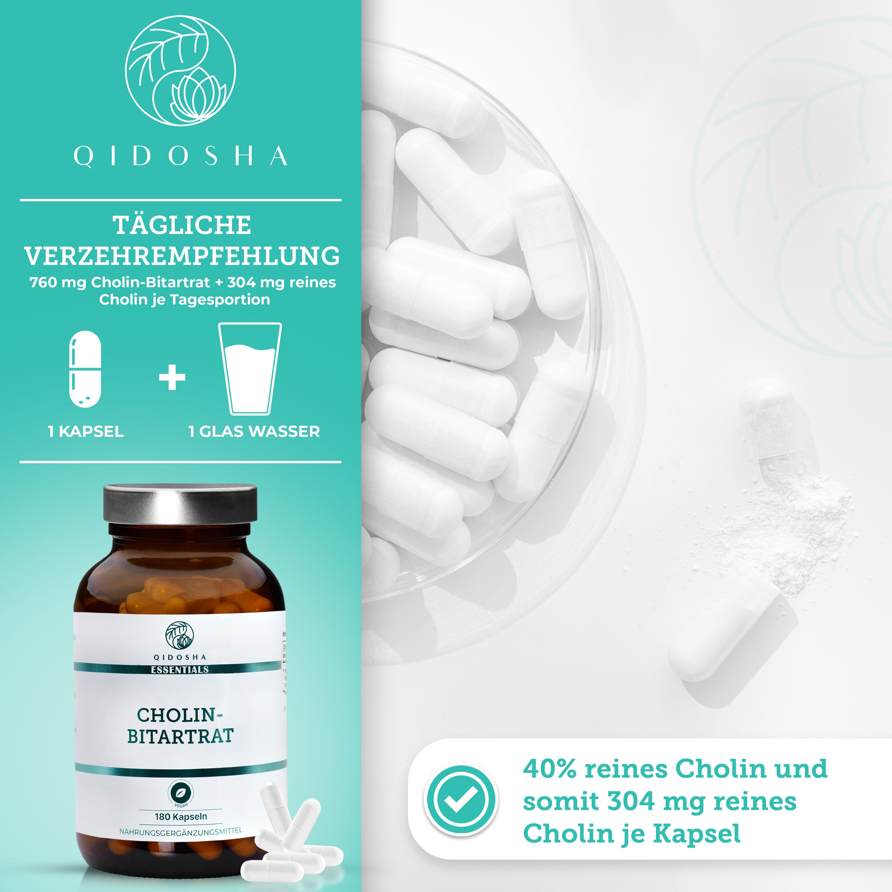 Qidosha Essentials Cholin-Bitartrat: Premium-Diät-Ergänzung, 180 vegane Kapseln, 760 mg Cholin-Bitartrat pro Kapsel, laborgeprüfte Qualität, ohne Füll- oder Zusatzstoffe, in Glasverpackung.